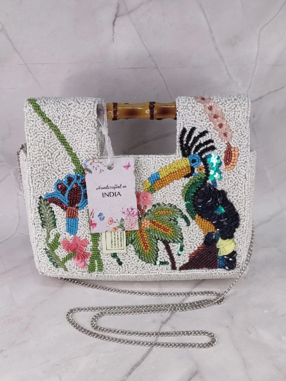 White Beaded Toucan Embellished Top-Handle Bag